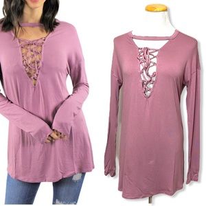 😻3/$15 Cherish Mauve Long Sleeve Lace Chest Top